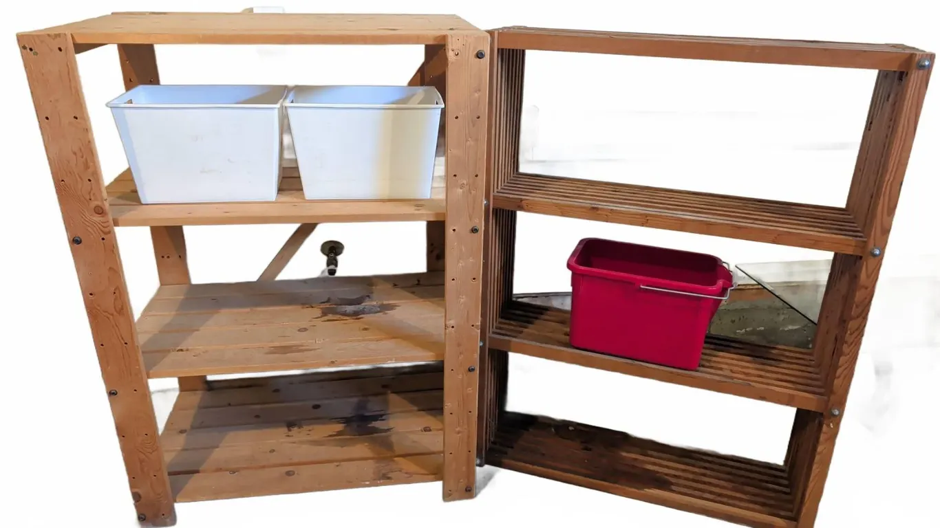 Two Wood Storage Shelves with Bins and Plastic Containers