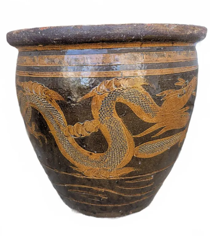 XLarge Glazed Ceramic Garden Pot with Dragon Motif