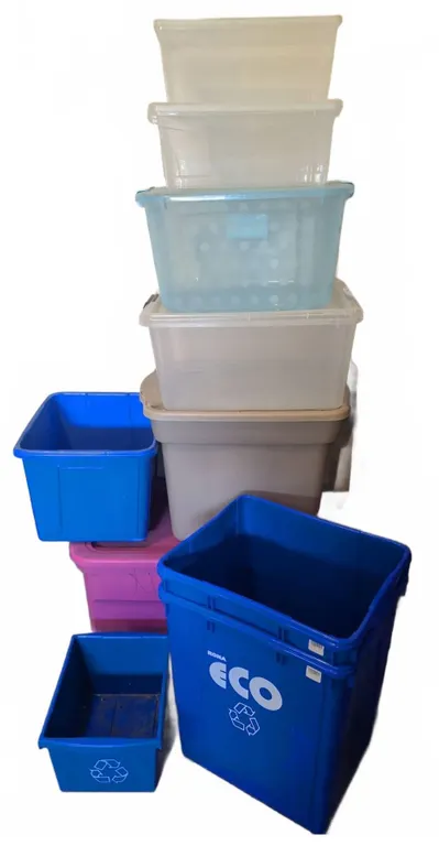 Plastic Storage Bins and Roma Eco Blue Recycling Containers Lot