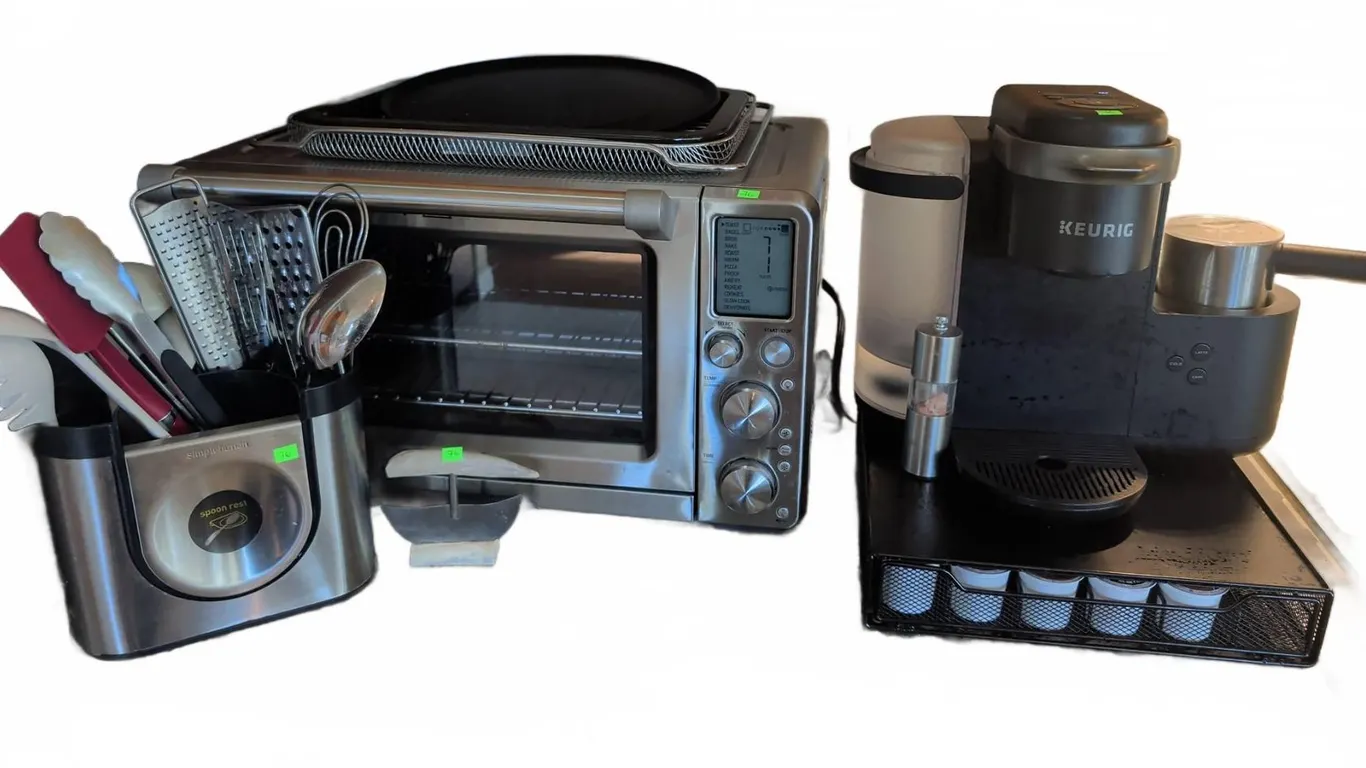 Breville Toaster Oven, Keurig Coffee Maker, K-Cup Drawer, Utensil Set, Accessories