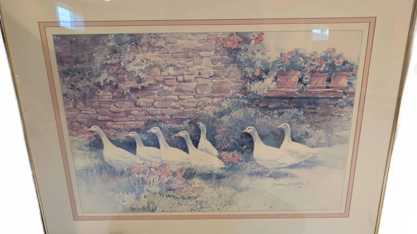 Dana Dapon 1986 Framed Print of Geese Near Brick Wall and Garden