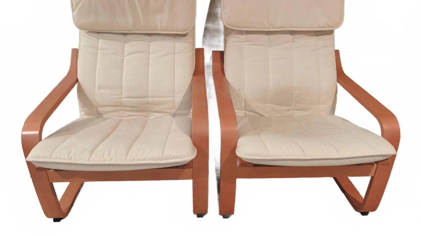 2 Scandinavian Bentwood Lounge Chairs with Beige Cushions