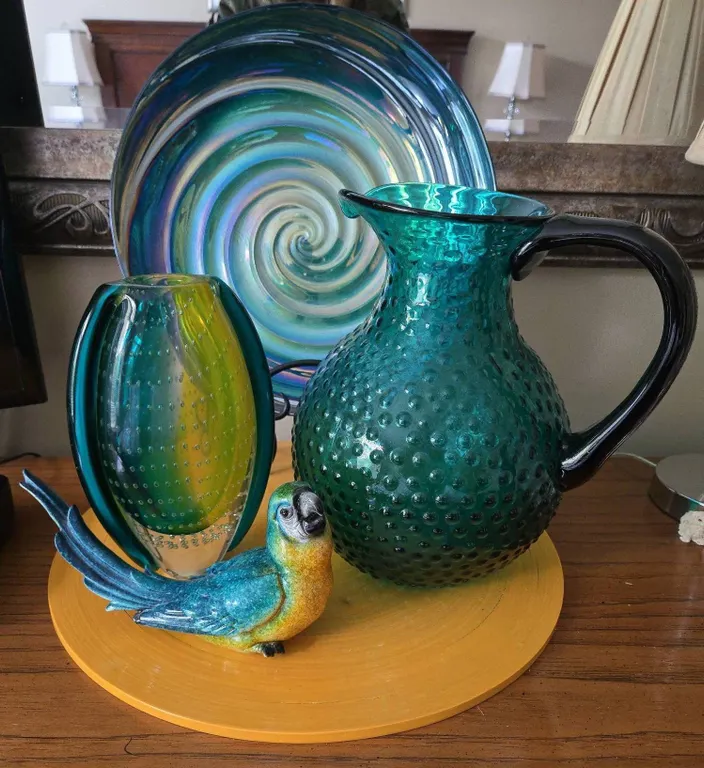 Decorative Glassware Lot: Swirl Platter, Art Glass Vase, Hobnail Pitcher, Parrot Figure
