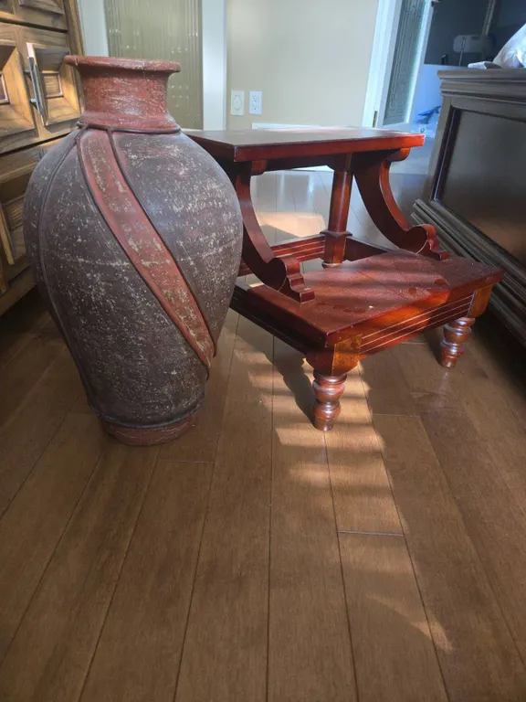 Large Terracotta Pot with Repairs and Wooden Step Stool Set