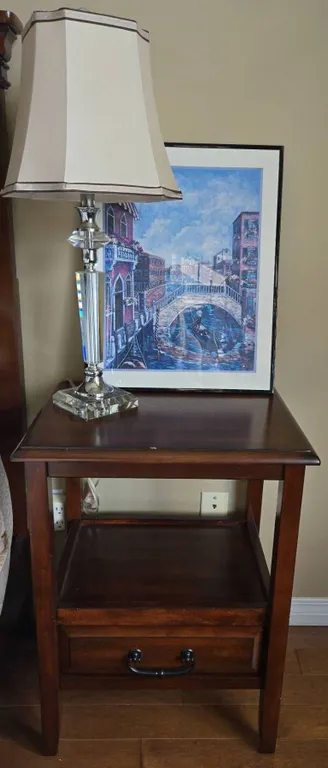 Wood Side Table With Drawer, Framed Venice Print, Clear Glass Lamp Set