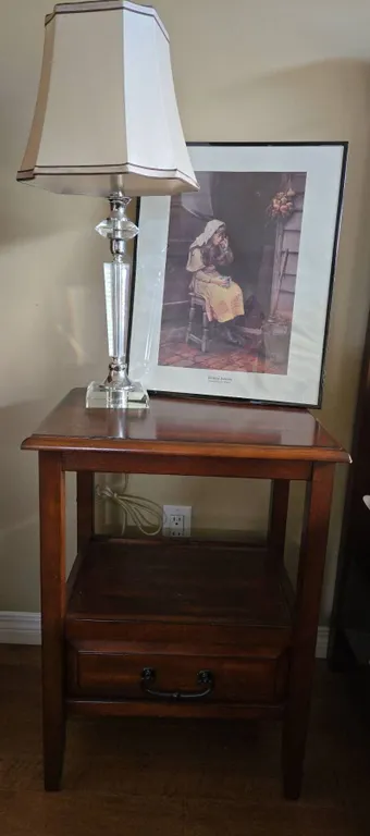 Framed Print 'Drawing Water' Henry Hensche, Wood Nightstand, Crystal Table Lamp