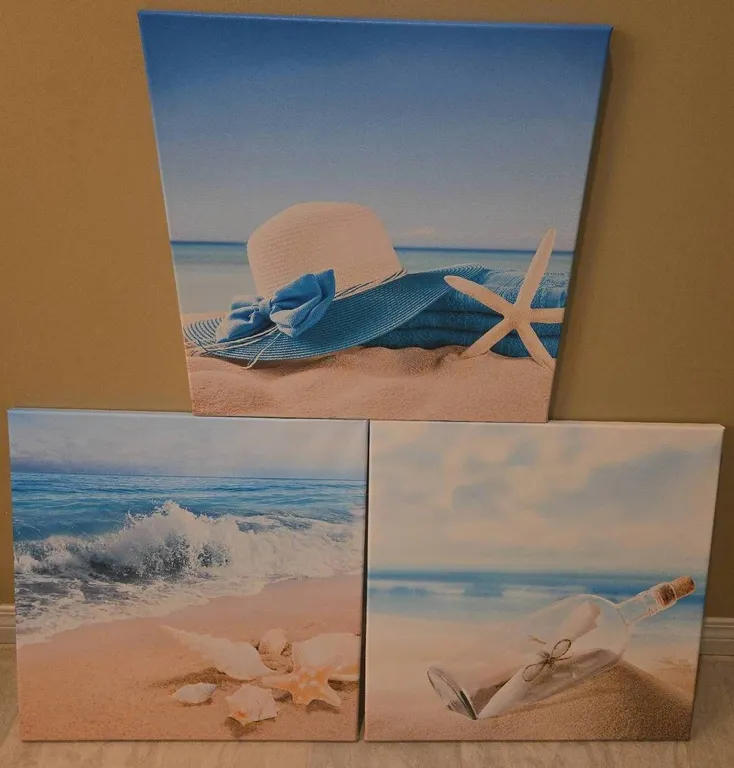 3 Beach-Themed Canvas Prints Featuring Ocean, Hat, Starfish, and Message Bottle