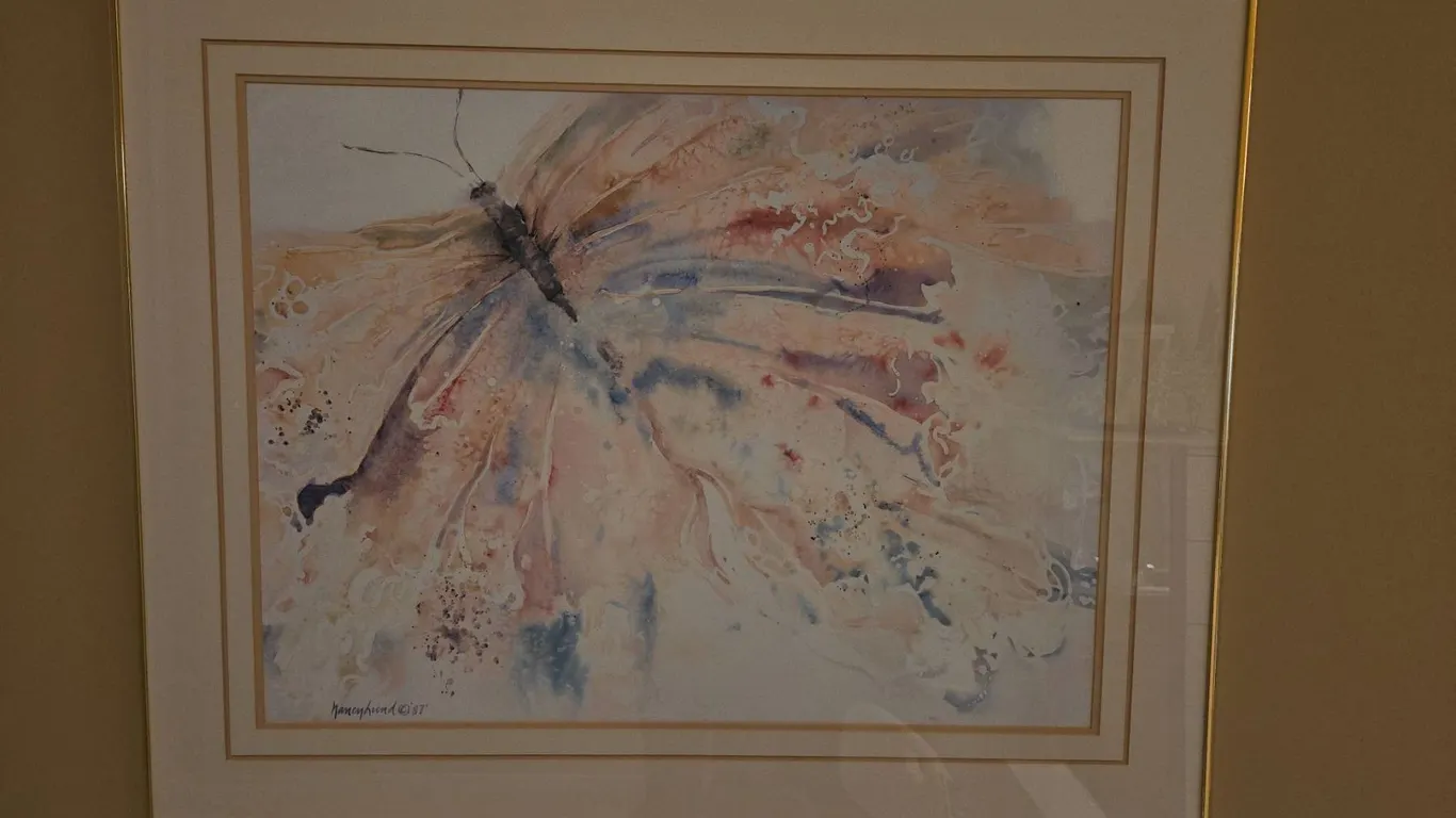 Watercolour Butterfly Art Signed Nancy Hand 1987, Framed, Approximately 36"x24"