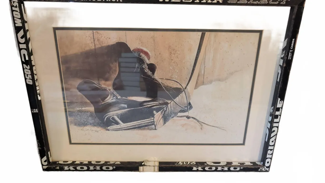 Framed Ken Danby 1972 Hockey Print with Custom Stick Frame