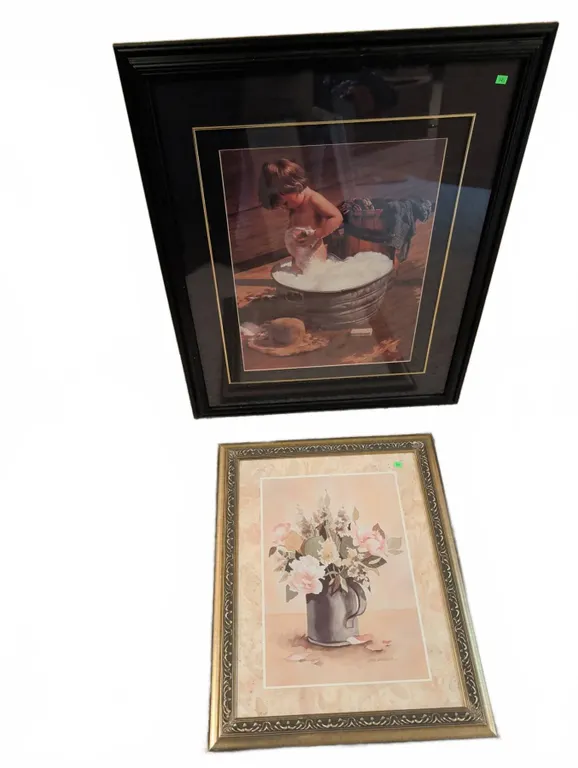 Two Framed Wall Art Prints: Child Bath Scene and Floral Still Life in Mixed Frames
