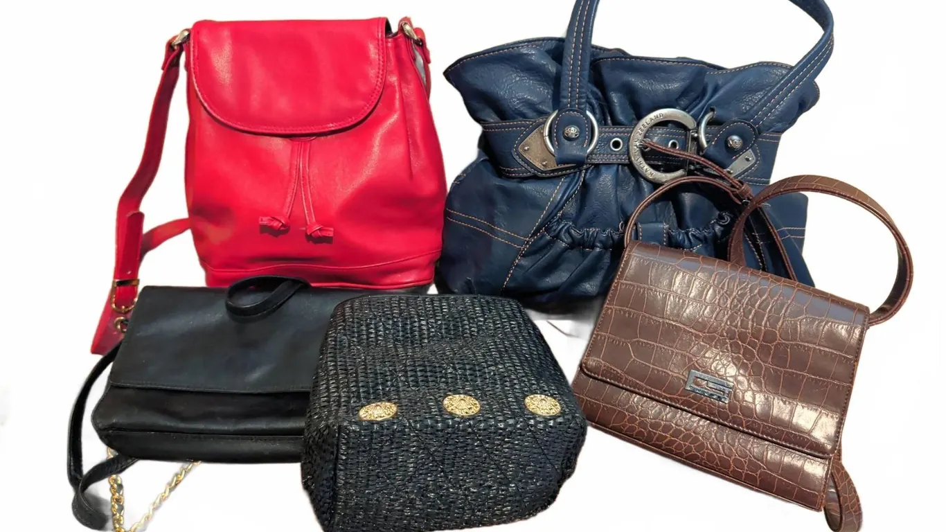 5 Women's Handbags Including Roots, Croc Emboss, Blue And Red Bags