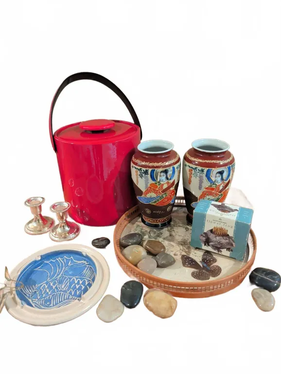 Decor Lot: Satsuma-Style Vases, Ice Bucket, Candle Holders, Boston Flower Frog