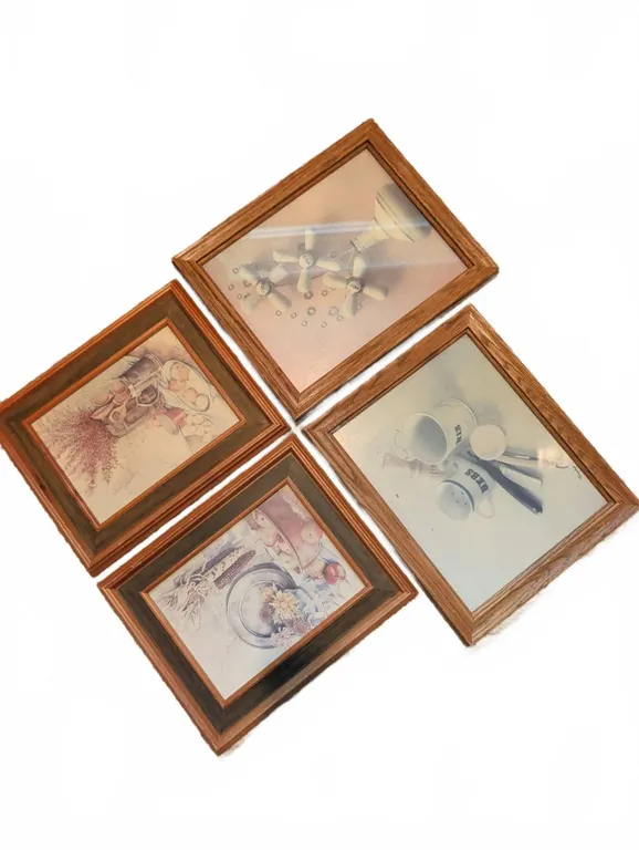 4 Framed Kitchen and Bathroom Themed Prints, Wood Frames
