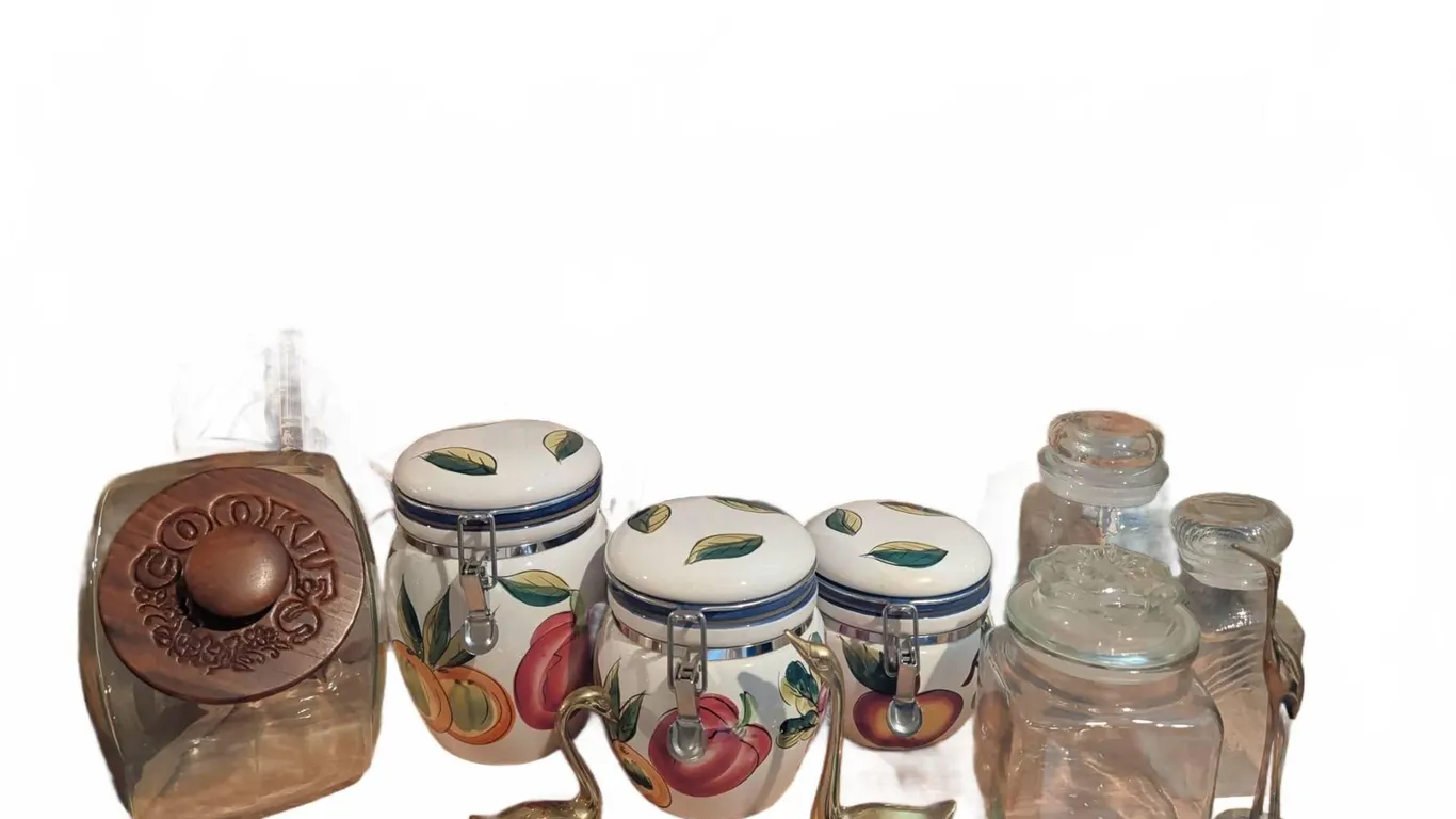 Kitchen Decor: Cookie Jar, Ceramic Canisters, Brass Swans, Wall Art & Glass Jars
