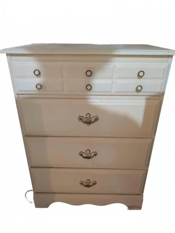 White Chest of Drawers with Floral Porcelain Handles and Brass Pulls, Four Large Drawers