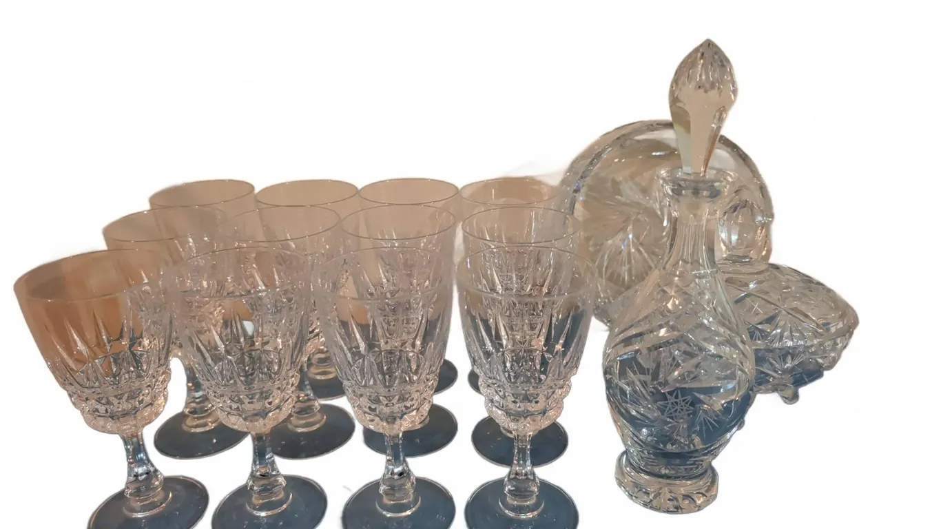 Cut Glass Crystal Stemware Set with Decanter, Bowl and Eight Glasses