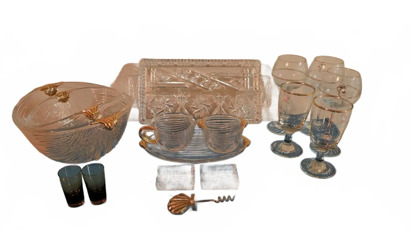 Glassware Set Including Serving Bowl, Tumblers, Irish Coffee Glasses, Crystal Tray