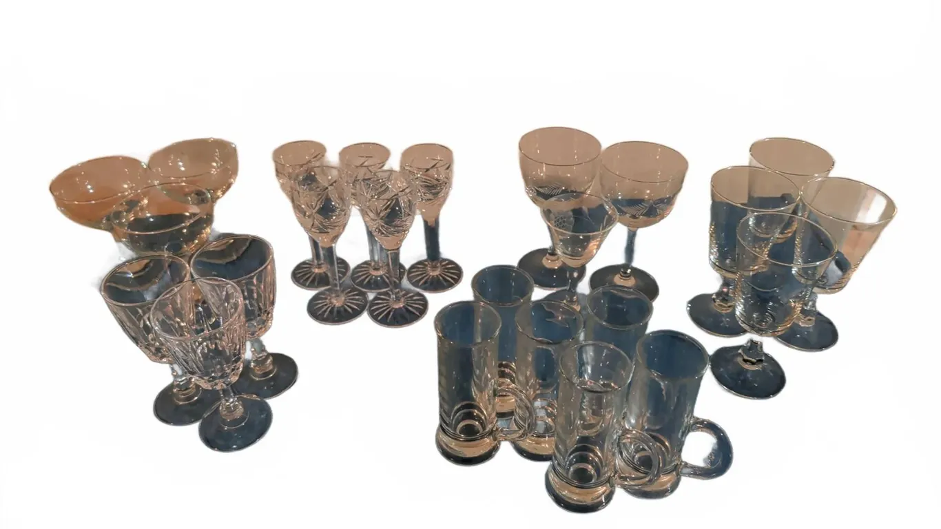 Clear Glassware Set, 5 Groups Including Cut Glass and Mug-Style Glasses