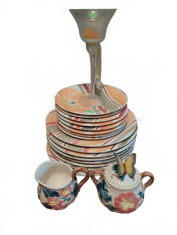 Italian Bartolini Plates, Creamer & Sugar, and Three Glass Candle Holders
