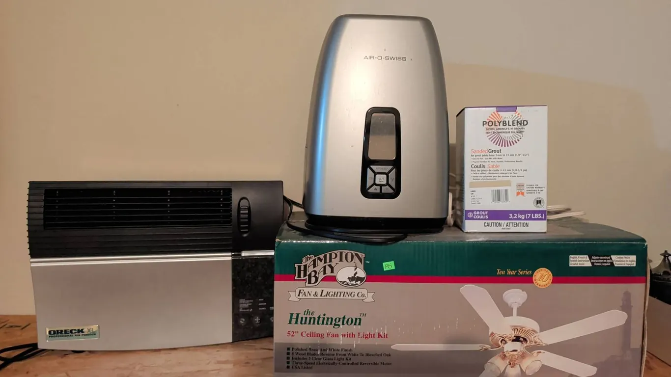 Homeowners Essentials: Hampton Bay Ceiling Fan, Oreck Air Purifier, Humidifier, Sanded Grout
