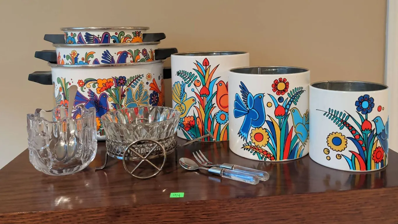 Enamel Floral Bird Canisters and Pots with Crystal Accessories and Flatware