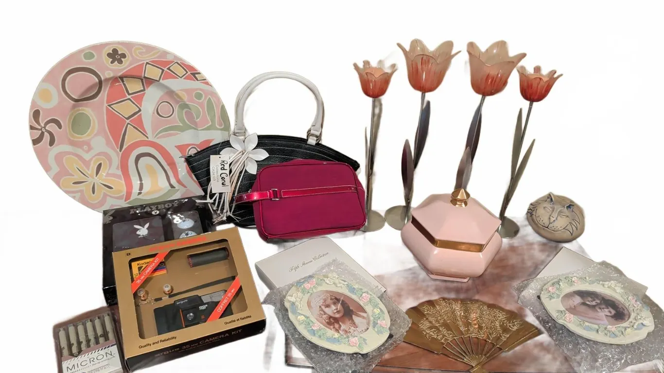 Red Coral Bag, Argus Camera, Plates, Vases, Gold Fan, Decorative Items