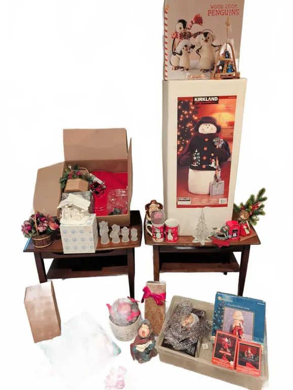 Christmas Decor Lot: Wood-Look Penguins, Kirkland Snowman, Figurines & Ornaments