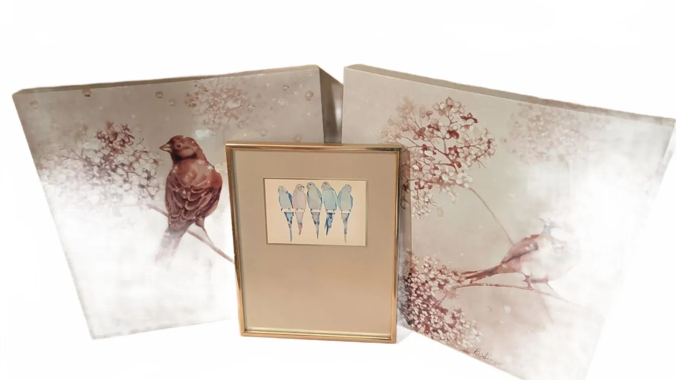 3 Framed Bird Prints, Including Two Matching Songbird Pieces And One With Parrots