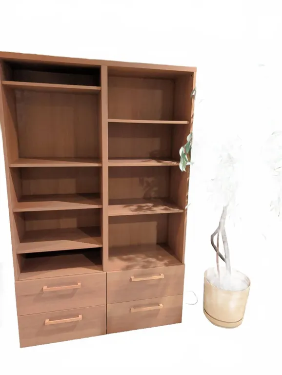 Light Wood Bookcase with Four Open Shelves and Four Drawers