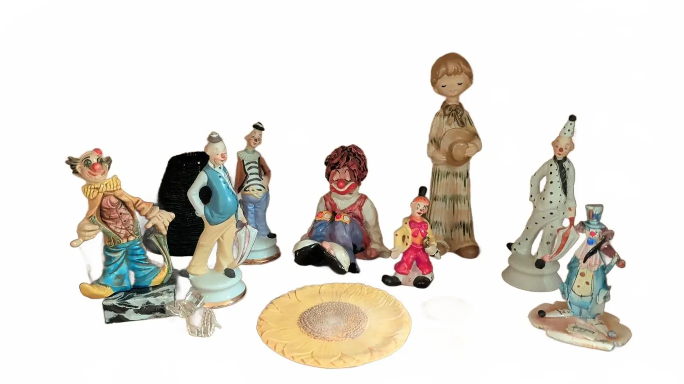 Clown Figurines and Sunflower Plaques, Porcelain, Resin and Mixed Materials