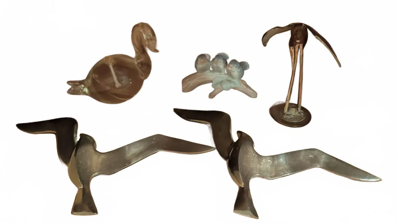 Lot: Brass Bird Figures, Glass Bird, Three Bluebirds, Metal Bird Sculpture