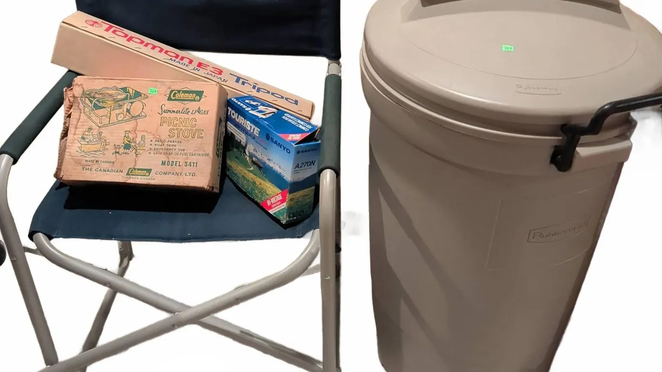 Coleman Picnic Stove, Sanyo Touriste Iron, Topman E3 Tripod, Chair & Plastic Bin