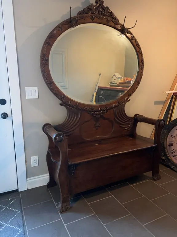 Ornate Carved Wood Hall Tree With Mirror Bench