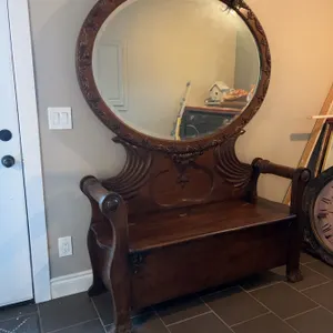 Ornate Carved Wood Hall Tree With Mirror Bench