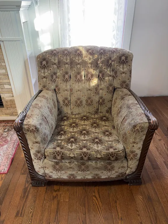 Upholstered Armchair With Carved Wood Detail