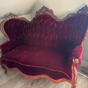 Carved Wood Victorian Red Velvet Settee