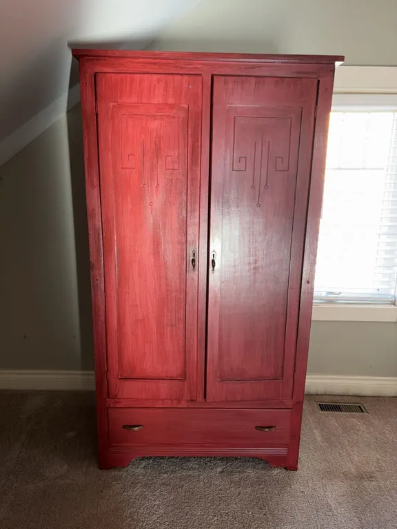 Red Painted Wooden Armoire With Carved Doors