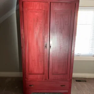 Red Painted Wooden Armoire With Carved Doors
