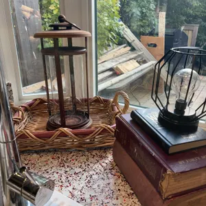 Decorative Lantern, Metal Lamp, Books, and Tray