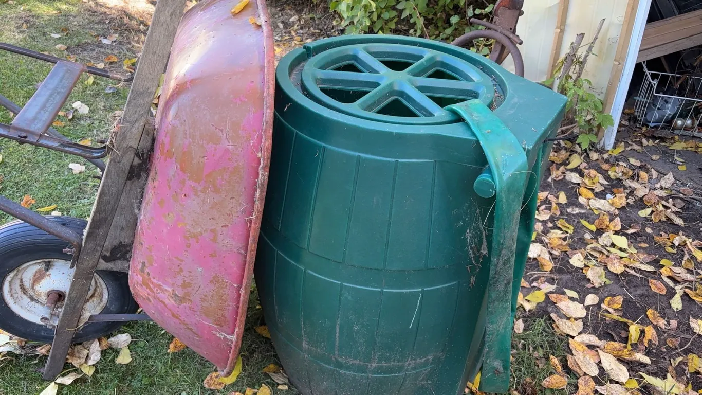Old Metal Wheelbarrow and Plastic Compost Bin