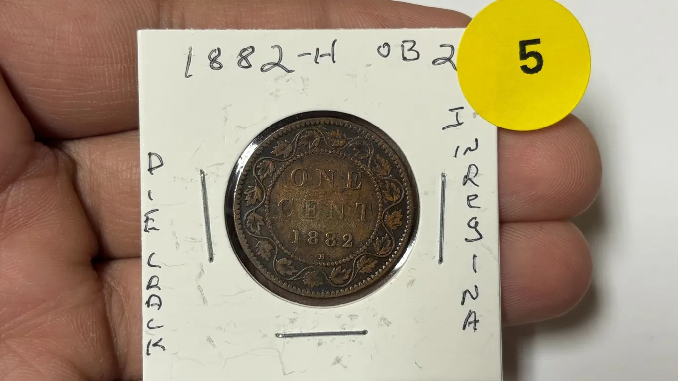 1882-H Canadian Large Cent, OB-2, Die Crack,I in Regina