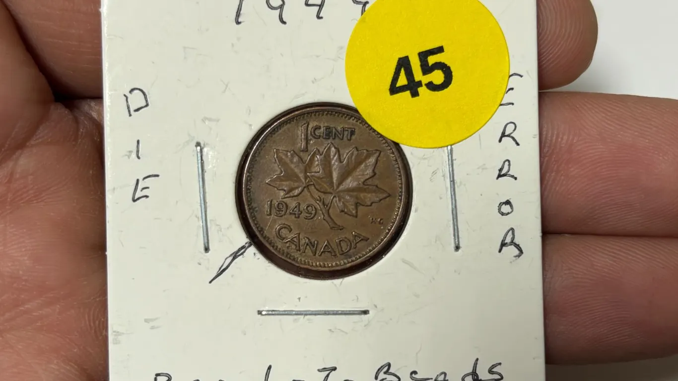 1949 Canadian Small Cent, Die Error, BAR I TO Beads