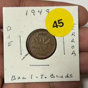 1949 Canadian Small Cent, Die Error, BAR I TO Beads
