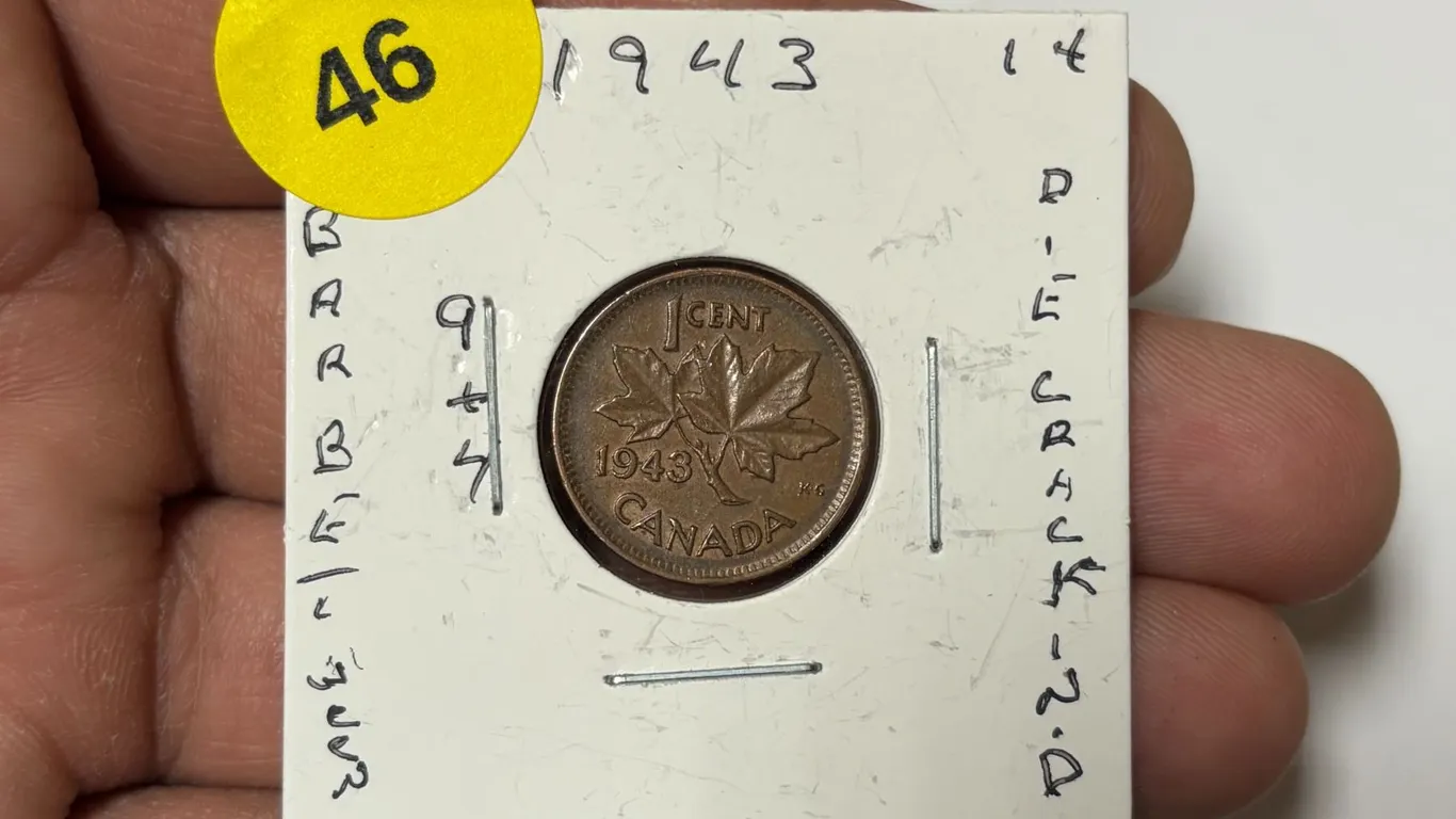 1943 Canadian Small Cent, Die Error Bars Between 9 & 7,Die Cracks N & D