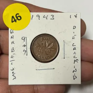 1943 Canadian Small Cent, Die Error Bars Between 9 & 7,Die Cracks N & D