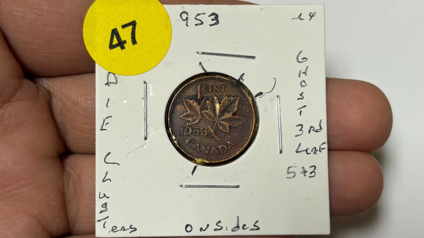1953 Canadian Small Cent,DIE ERROR,DIE CLUSTER @ RIM,GHOST SHADOW 3RD LEAF