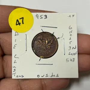 1953 Canadian Small Cent,DIE ERROR,DIE CLUSTER @ RIM,GHOST SHADOW 3RD LEAF