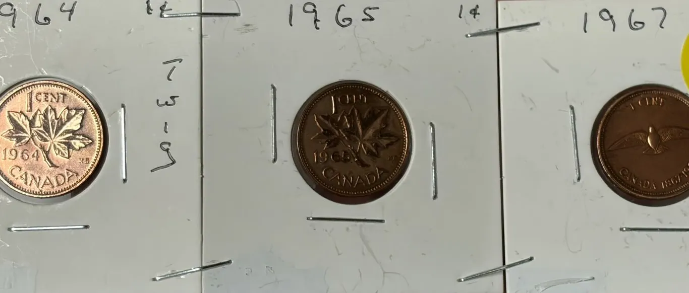 1964-1967 Canadian Small Cent 1964-MAPLE TWIG,1965,1967 DOVE