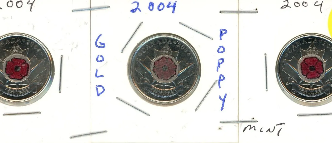(3) 2004 Canadian Quarter, 2-red & 1 Gold Poppys