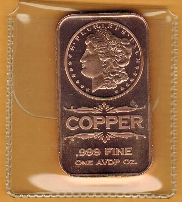 1 OUNCE COPPER BAR - .999 FINE - US MORGAN DOLLAR COIN DESIGN